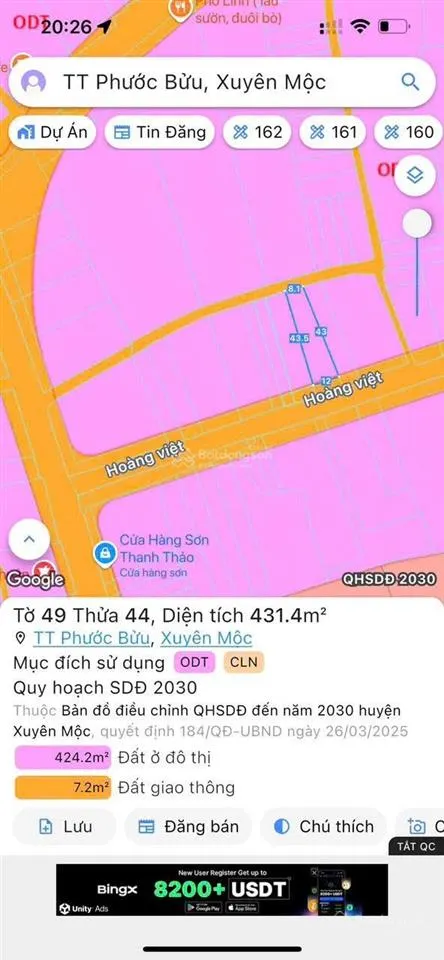 Đất 2mt đường hoàng việt thị trấn phước bửu