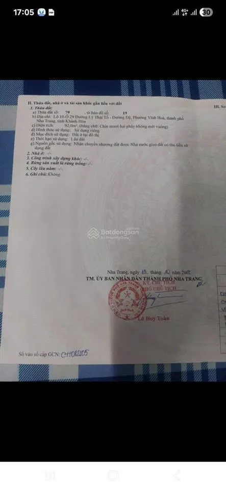 Cần bán lô đất mt đường lý thái tổ, hòn xện, tp nha trang (lô 10, ô 29).