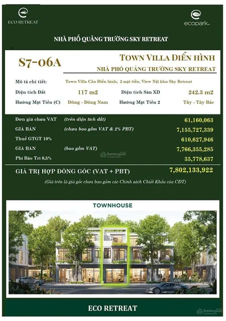 Cần bán townhouse eco retreat gần quảng trường ánh sáng khu sky retreat, 117m2 giá tổng chỉ 8,79 tỷ