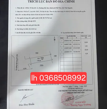 Bán đất 105,4m² ngang 5,28m giá 1.8 tỷ Phường Phổ Yên