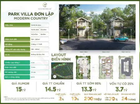 Bán biệt thự đơn lập eco retreat suất đặc biệt 260m2 nở hậu chiết khấu 12% chỉ còn 13 tỷ