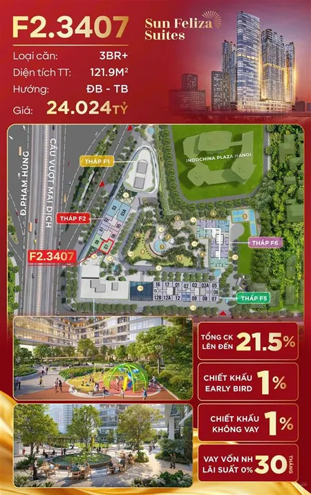 Bán cc 3pn, 3wc tại sun feliza suites, phạm hùng, cầu giấy, giá siêu hời 24 tỷ