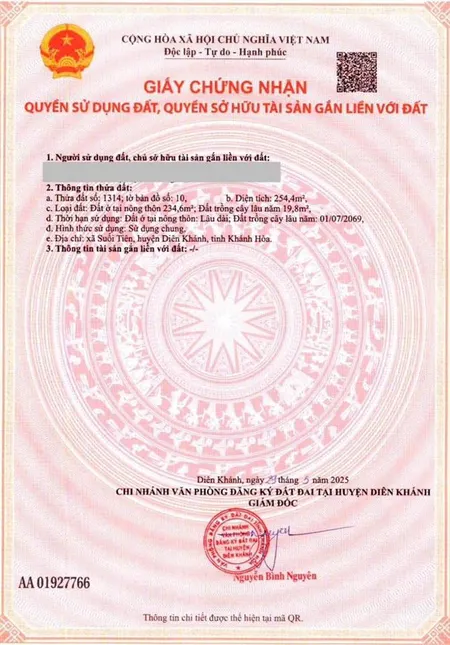 Bán đất mặt tiền đường nhựa suối tiên diên khánh, khánh hòa giá chỉ 1,48 tỷ