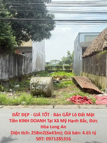 ĐẤT ĐẸP - GIÁ TỐT - Bán GẤP Lô Đất Mặt Tiền KINH DOANH Tại Xã Mỹ Hạnh Bắc, Đức Hòa Long An
