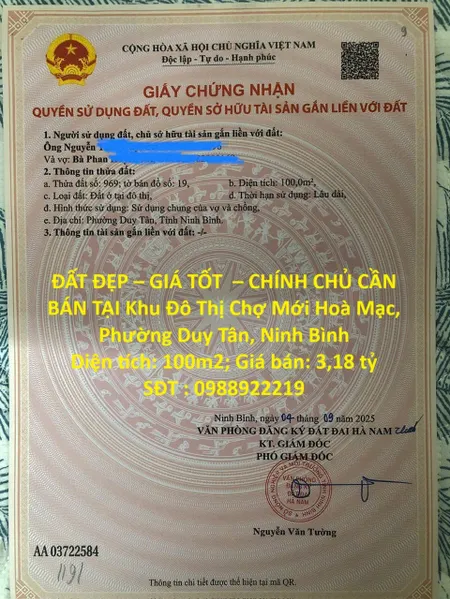 ĐẤT ĐẸP – GIÁ TỐT  – CHÍNH CHỦ CẦN BÁN TẠI Khu Đô Thị Chợ Mới Hoà Mạc, Phường Duy Tân, Ninh Bình