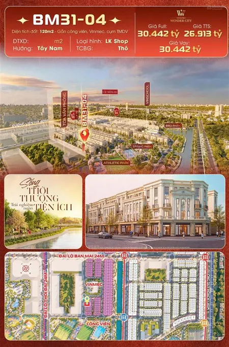 Bán biệt thự vinhomes wonder city, giá ưu đãi 26 tỷ, 120m2, 4pn, 4wc