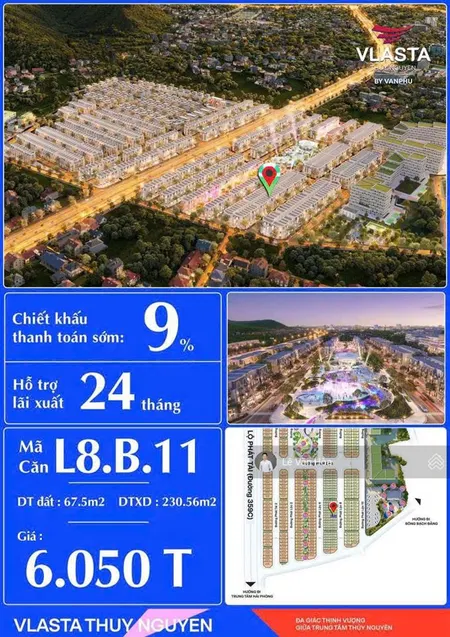 Bán liền kề 4 tầng 67m2 hướng đông giá 6,050 tỷ. dự án vlasta thuỷ nguyên. 0969 149 ***