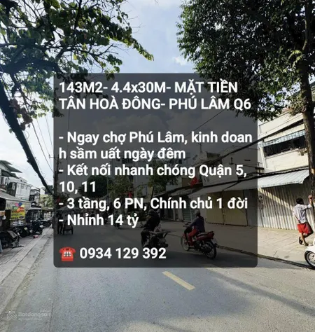 143m2, 4.4x30m mặt tiền tân hoà đông phú lâm quận 6