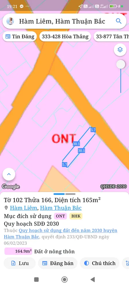 Bán đất 165m² ngang 5,7m giá 770 triệu Xã Hàm Liêm