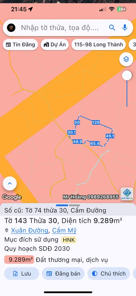 Bán đất TMD. 9289.1m² ngang 50m giá 12.5 tỷ Xã Long Thành