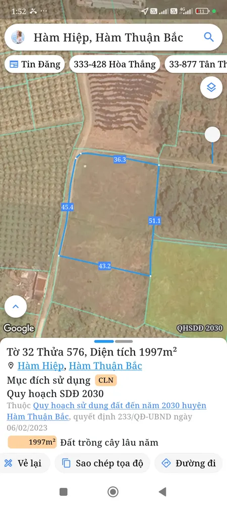 Bán đất 1997m² ngang 45m giá 950 triệu Phường Bình Thuận