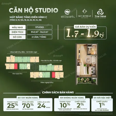 Mua trực tiếp cđt, đa dạng diện tích studio, 1pn. chỉ 25% vốn tự có, nh hỗ trợ 70%, miễn pql 12t