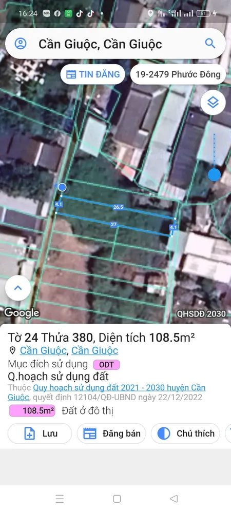 Bán đất 108,3m² ngang 4,02m giá 1.35 tỷ Xã Cần Giuộc