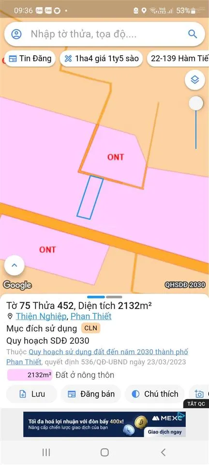 Bán đất 2131m2 tại (thiện nghiệp, phan thiết cũ) phường mũi né, lâm đồng 1,2 triệu/ m2, 2131 m2