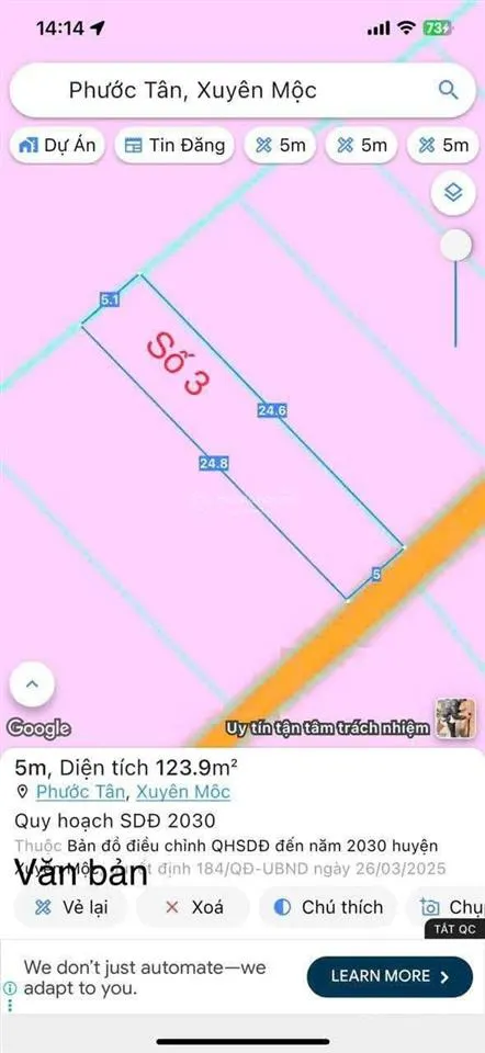 Chính chủ bán lô đất xã phước tân hồ tràm, 125m2 có 80m2 thổ cư, sổ hồng, giá rẻ. 0943 138 ***
