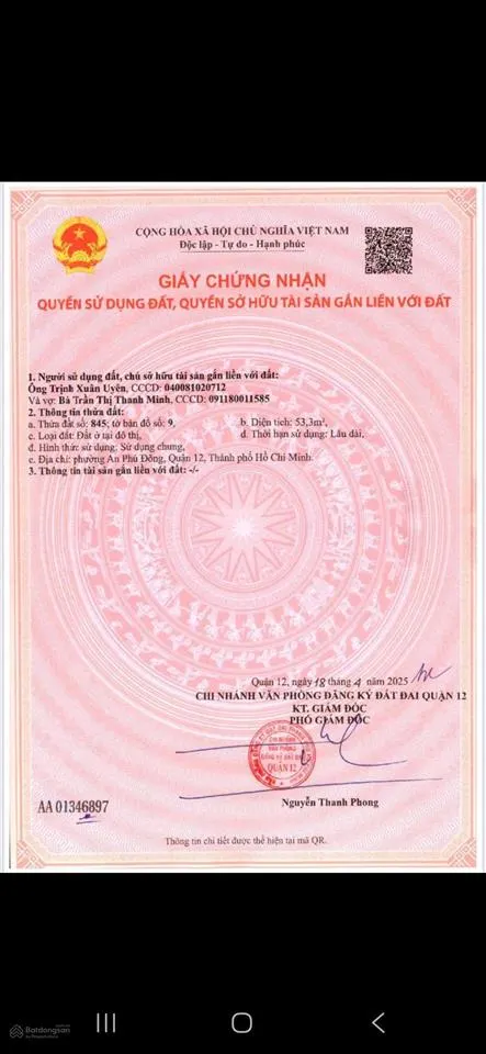 Bán đất tại vườn lài, 3,85 tỷ, 58 m2, pháp lý đầy đủ