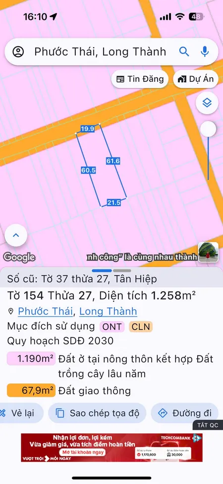 Bán đất 1257.6m² ngang 20m giá 7.6 tỷ Xã Phước Thái