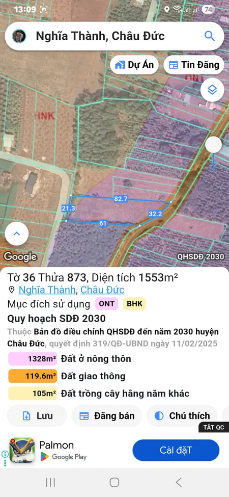 Bán đất 1553.4m² - 2 mặt tiền đường, giá 3.51 tỷ Xã Nghĩa Thành