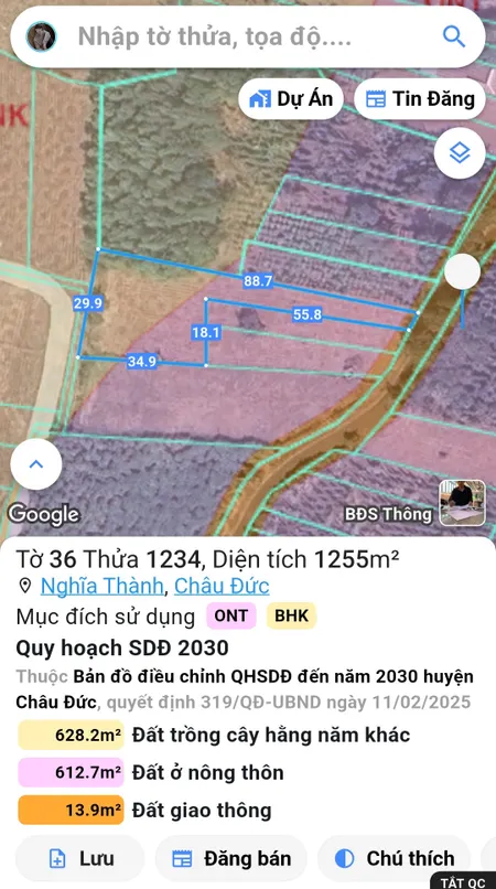 Bán đất 2.085m² ; 2 mặt tiền đường, giá 5 tỷ Xã Nghĩa Thành