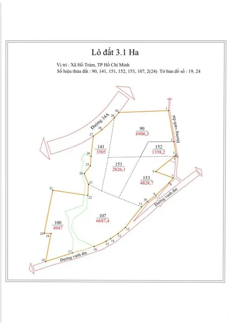 Bán lô đất lớn 31.000m² mặt tiền 375m, đường 34a,tt phước bửu, brvt giá 6,8 triệu/m².