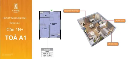 Bán căn hộ tòa kprak avenue a1 căn 16 1pn + 1, 48.2m², view hồ bơi vinhomes thanh hóa