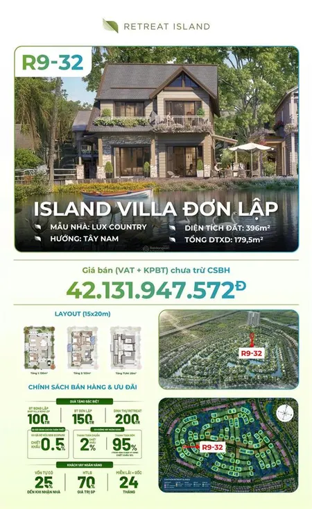Bán biệt thự đảo đơn lập eco retreat giá gốc cđt 42,1tỷ thanh toán theo tiến độ ck đến 10%