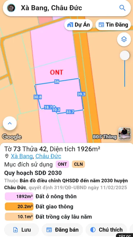 Bán đất 1926.2m² ngang 39m giá 3.5 tỷ Xã Châu Đức