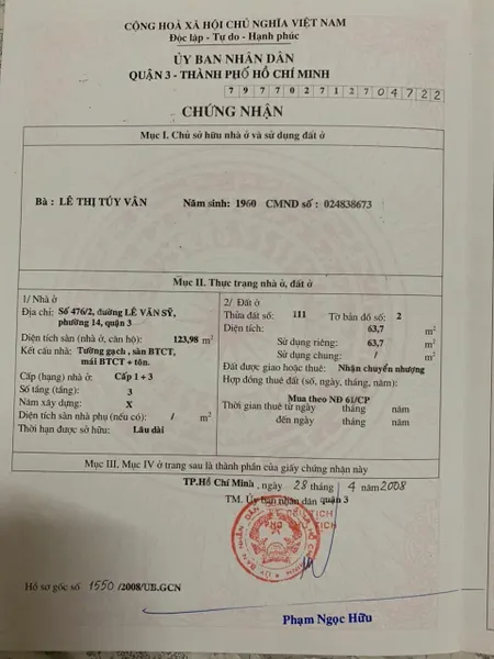 Bán Nhà Hẻm Xe Hơi 476/2 Lê Văn Sỹ, Phường 14, Quận 3