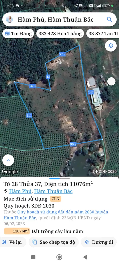 Bán đất 11076,1m² giá 1.44 tỷ Xã Hàm Thuận Bắc