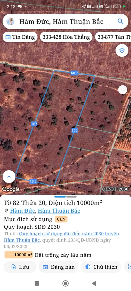 Bán đất 10000m² ngang 60m giá 820 triệu Xã Hàm Thuận