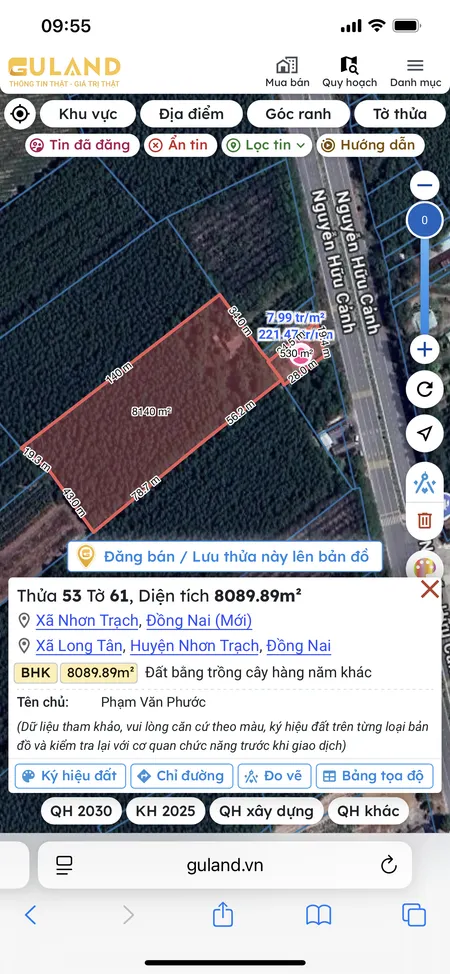 Bán đất 8089.9m² ngang 58m giá 64.72 tỷ MẶT TIỀN NGUYỄN HỮU CẢNH, NHƠN TRẠCH
