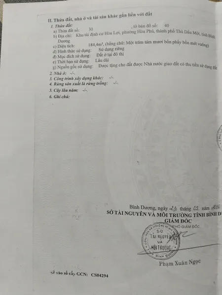 Bán đất 184.1m² giá 9.5 tỷ Phường Bình Dương