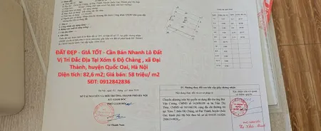 ĐẤT ĐẸP - GIÁ TỐT - Cần Bán Nhanh Lô Đất Vị Trí Đắc Địa Tại xã Đại Thành, huyện Quốc Oai, Hà Nội