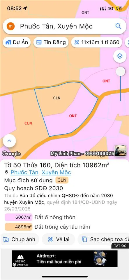 Lô đất 2 mặt tiền, dt 1,1 ha, phủ hồng bám đường nhựa. cực đẹp để phân lô tách thửa