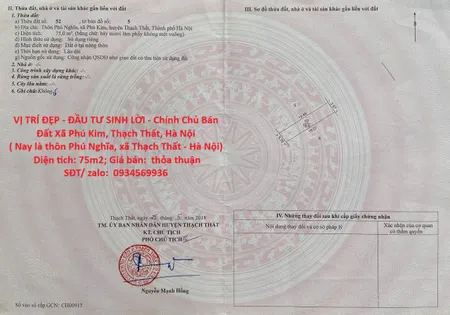 VỊ TRÍ ĐẸP - ĐẦU TƯ SINH LỜI - Chính Chủ Bán Đất Xã Phú Kim, Thạch Thất, Hà Nội
