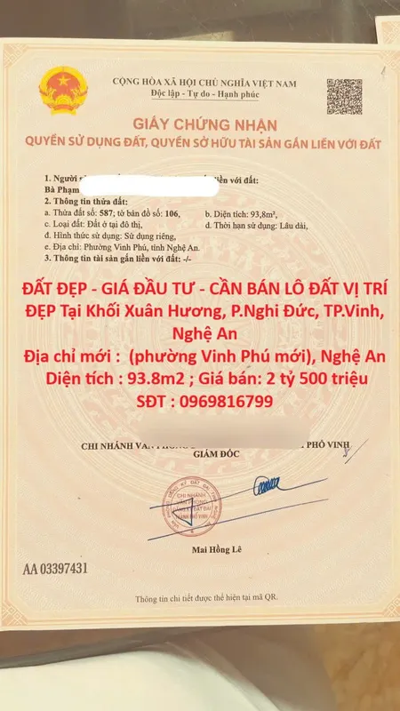 ĐẤT ĐẸP - GIÁ ĐẦU TƯ - CẦN BÁN LÔ ĐẤT VỊ TRÍ ĐẸP Tại Khối Xuân Hương, P.Nghi Đức, TP.Vinh, Nghệ An