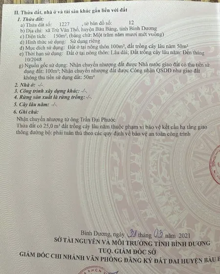 Bán đất 150m² giá 1.5 tỷ Xã Trừ Văn Thố