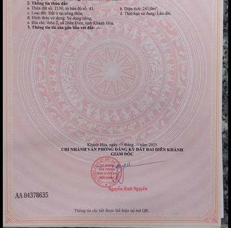 Cần bán lô đất full thổ cư ở Diên Phú, Diên Khánh. DT 242 , giá chỉ 7,2triệu/m2