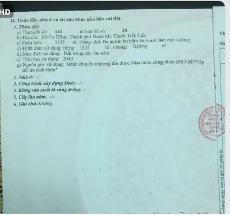 Bán đất 3335m² giá 5.2 tỷ Phường Buôn Ma Thuột