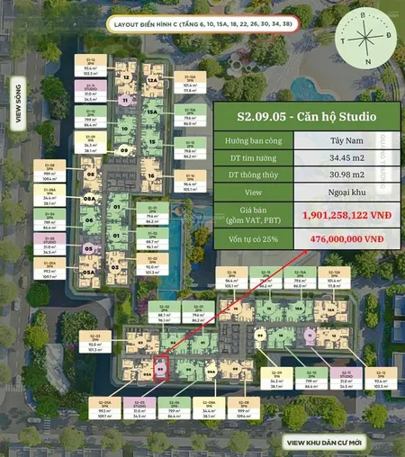 Bán studio toà s2 34.5m2 tổng giá 1.930 tỉ , view cao tốc, tầng đẹp , bàn giao nội thất cao cấp