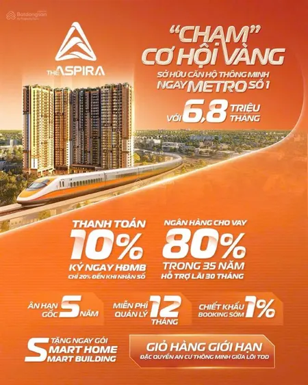 The aspira chuẩn smarthome, liền kề metro số1. chỉ 6,8 triệu/tháng, ck ngay 3%. ân hạn góc 5 năm