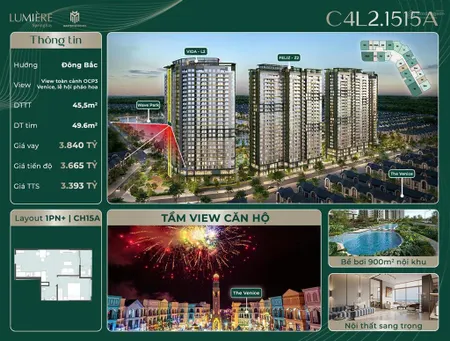 Chính chủ bán 1pn + 45.5m2 tầng 15 đông bắc view pháo hoa spring bay giá tiến độ siêu giãn 3.7 tỷ