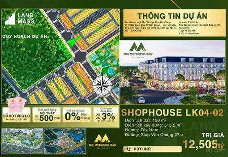 Bán căn áp góc shophouse 126m2 giá cực chất tại the metropolitan bắc giang, xã đồng sơn, bắc giang