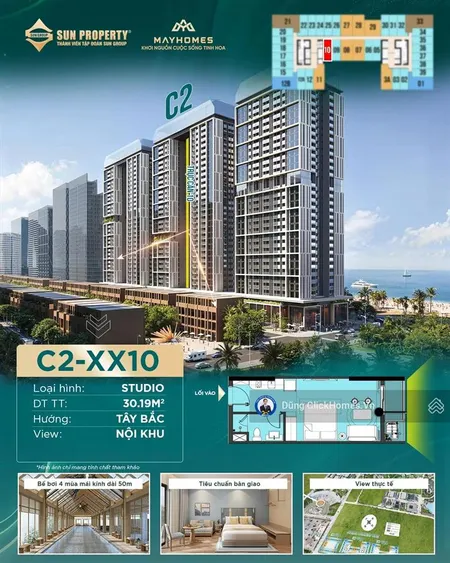 Studio c2xx10 sun centro town 32.8m² giá 1.53 tỷ suất đầu tư hiếm, chốt nhanh kẻo lỡ!