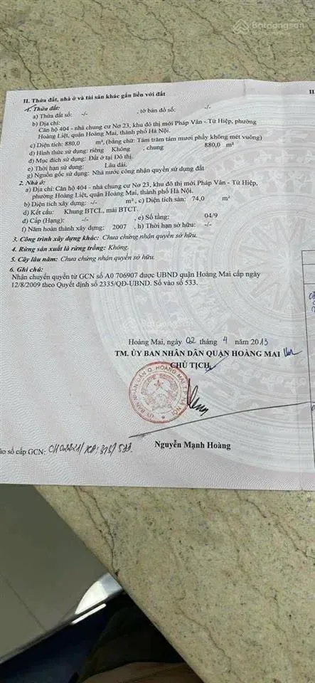 Siêu hiếm! chính chủ bán nơ 23 pháp vân, 74m2 2pn