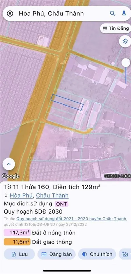 Bán gấp lô đất 129m2 full thổ mt 5m giáp tp.tân an đường nhựa 6m tại xã hòa phú giá 1.05tỷ