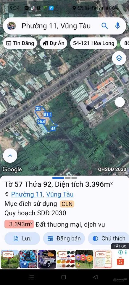 Mặt tiền đường 2/9, phường 11, tp vũng tàu diện tích 35x96=3348m2, gồm một mặt tiền đường 2/9