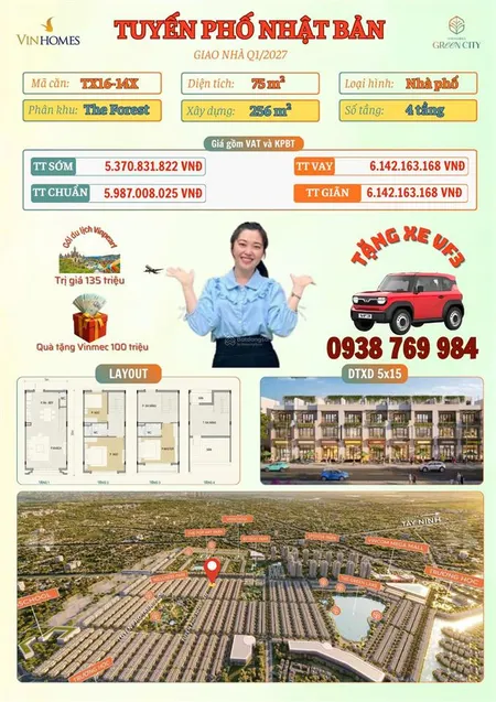 Nhà phố 4 tầng nhật bản 75m2 giá tốt nhất 5.370 tỷ vị trí gần đường 50m 3/2 vinhomes green city