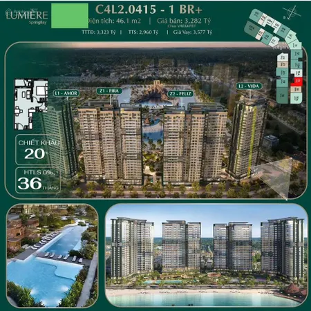 Còn lại duy nhất 1 căn 1pn+ 49,3m2 dự án lumiere spring bay giá chỉ 2tỷ9, chiết khấu tối đa 20,3%