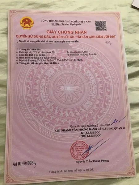 Nhỉnh 4ty đất sổ hồng riêng 4x14m khu phân lô nhà lầu đường nhựa 7m thới an 20, sát lê văn khương